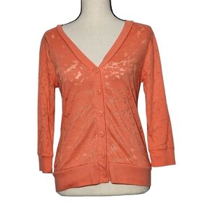 Mix & Co. Orange Sheer 3/4-Sleeve Button Front Cardigan Sweater, Size Small